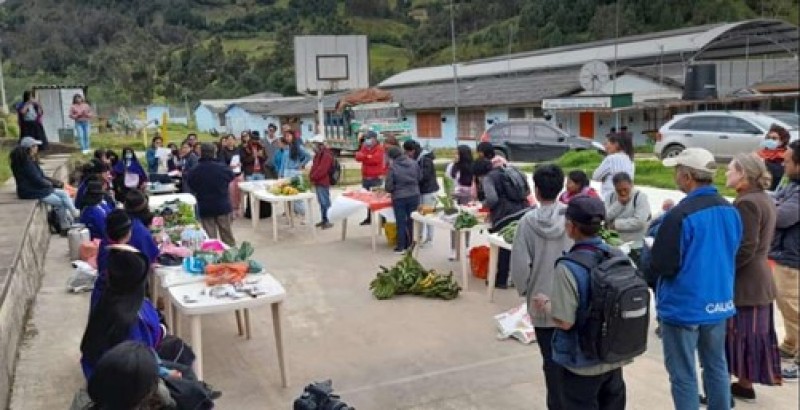 People cluster in groups around tables arranged in a horseshoe formation outdoors for the seed, produce, and knowledge exchange. A variety of produce can be seen on the tables.